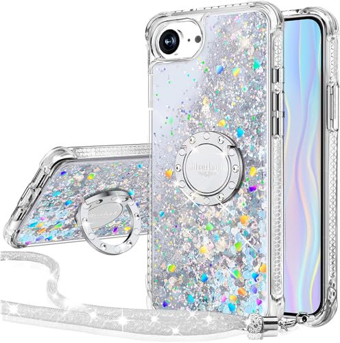 Silverback for iPhone 16E/SE4 Case, Liquid Holographic Sparkly Glitter Case with Stand and Lanyard, Women Girls Bling Diamond Ring Shockproof Protective Cover for iPhone 16e- Silver