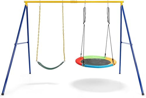 GOPLUS Schaukelgestell Outdoor, Schaukelgerüst aus Metall bis 300kg belastbar, Schaukelständer mit Schaukelsitz & Nestschaukel, Schaukel Set für Kinder, 249 x 185 x 181,5 cm