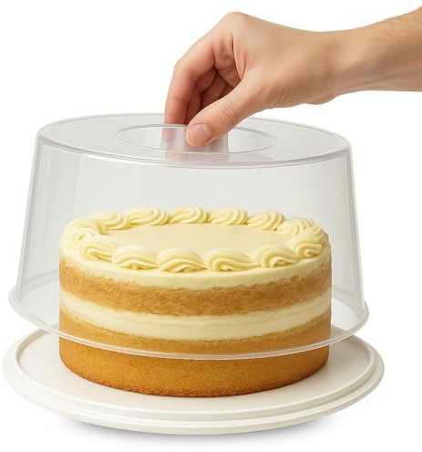 CHEFZOCO Portatartas de plástico, Recipiente redondo para tartas con tapa alta, Bandeja para Pasteles, Tartera plástico, Recipiente transporte repostería, 32 cm diámetro x 15 cm altura, Blanco