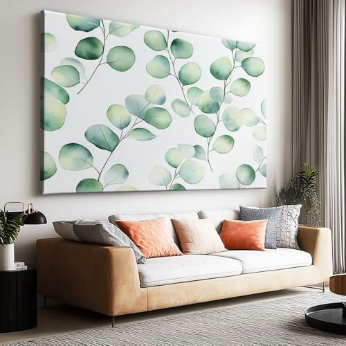 Großes Leinwandbilder Wandbilder Aquarell Eukalyptus Blätterbild auf leinwand Wandkunst Modern Aesthetic XXL Kunstdruck Deko für Wohnzimmer Schlafzimmer Geschenk 140x70cm