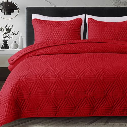 Whale Flotilla Tagesdecke Reversible, Mikrofaser Bettüberwurf 220x240 cm | Weiche Leichte Steppdecke mit 2 Kissenbezüge, Sofaüberwurf mit Geomuster-Prägung, Bedspreads für 4 Jahreszeiten, Rot