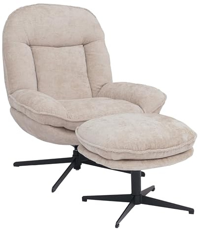 Mendler Relaxsessel mit Hocker HWC-P32, Fernsehsessel Nosagfederung, drehbar Metall Stoff/Textil Chenille (370 g/m²) - Creme