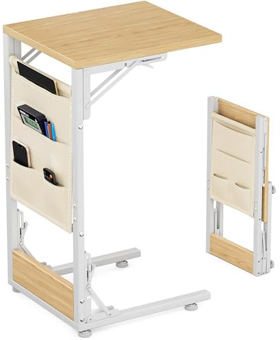 Feverdes Folding TV Tray Table, Small Folding Side Table with Storage Bag, Portable C Shaped End Table for Couch Sofa Bed, Light Walnut