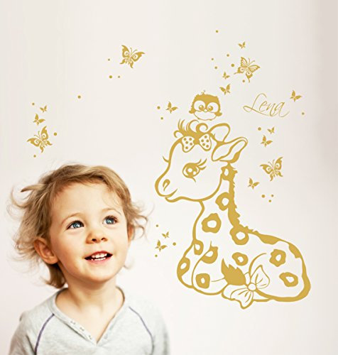 Wandtattoo Giraffe Schmetterlinge Wandtattoo mit Namen Giraffenwandtattoo M1240 (Gold)