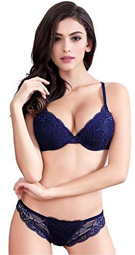Bluewhalebaby Super Push Up Sexy Embroidery Bras & Sheer Pants Lingerie Outfits, Lace Bra and Knickers Set for Women