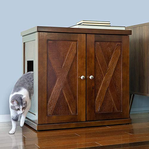 THE REFINED FELINE Cat Litter Box Enclosure Cabinet, Hidden Litter Tray Cat Furniture, Large + XLarge, Farmhouse Style, Mahogany Color