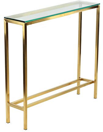 Cortesi Home Julie Konsolentisch, gebürstete Goldfarbe mit klarem 10 mm Glas, dünn, 71,1 x 20,3 cm