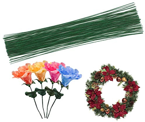 Cinvo Stem Wire - Alambre envuelto en papel floral, 100 unidades, 14 pulgadas, calibre 22, verde oscuro