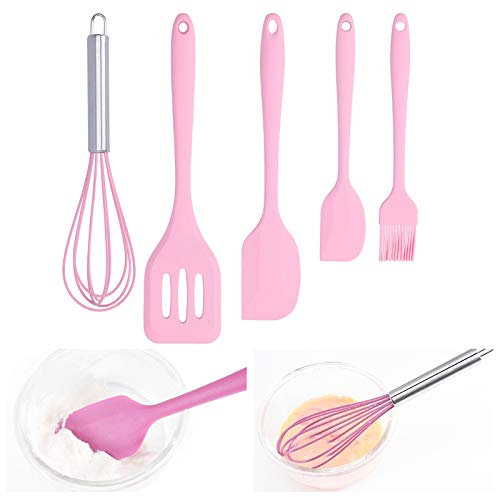 Silicone Cooking Utensils Kitchen Utensil Set, 5 Piece Silicone Spatula Baking Scraper Egg-Beater Kitchen Accessories(Pink)
