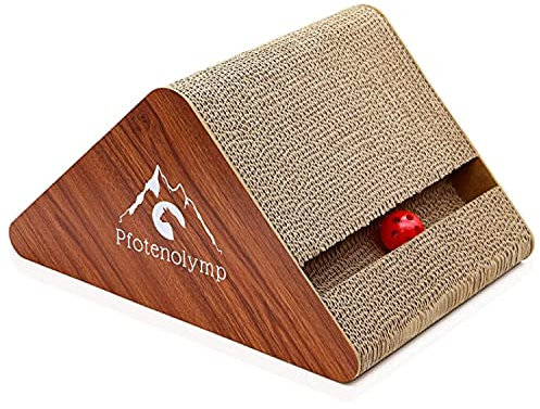 Pfotenolymp® interaktives Kratzbrett aus Wellpappe - Katzenspielzeug/Kratzpappe/Kratzmöbel mit Spielball & Katzenminze - Pappkratzbrett