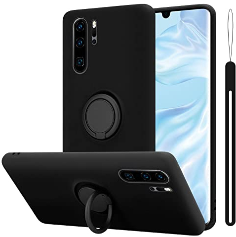 Cadorabo Hülle kompatibel mit Huawei P30 PRO Schutzhülle TPU Silikon Case Liquid Design mit Ring Slim Kratzfest Liquidsilikon Microfaser mit Rundumschutz Case Hülle für Huawei P30 PRO in Schwarz