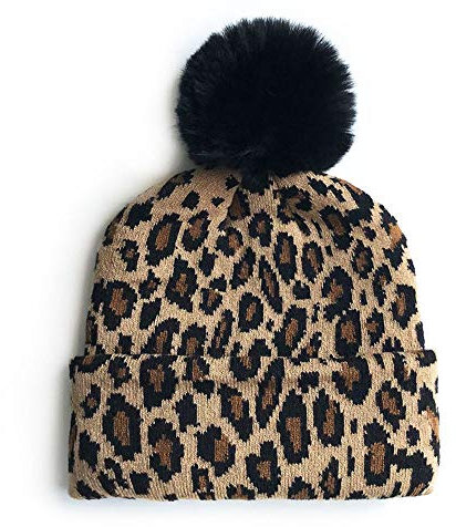 Frauen Leopard Muster Mütze Stricken Pom Beanie Weiche Warme Mütze Leopardenmuster Stricken Warme Pom Schädel Mütze Hut Winter Beanie Hut Mode Winter Pom Pom Ball Hut