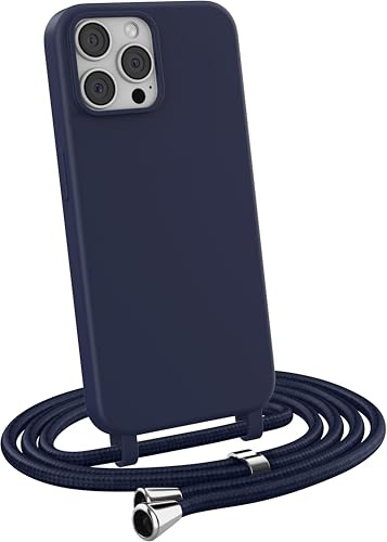 MyGadget Funda para iPhone 13 Pro MAX - Carcasa con Cuerda en Silicona TPU Suave con Cordón - Case y Correa Colgante Ajustable y Portátil - Azul Oscuro