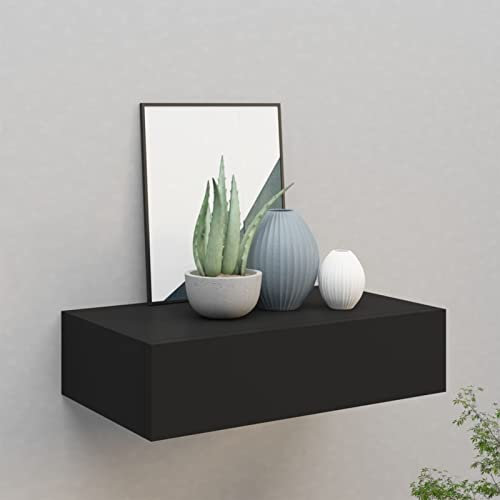 Tidyard Wand Schubladenregal, Wandregal mit Schublade, Wandschublade Schweberegal Hängeregal Wandschrank Wandboard MDF Schwarz 40x23,5x10 cm