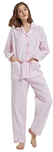 GLOBAL Set Pigiama da Donna 100% Cotone Floreale Manica Lunga Abbottonatura Pigiameria Femminile con Coulisse Set da Notte Morbido e Traspirante Pigiama da Donna S-XXL