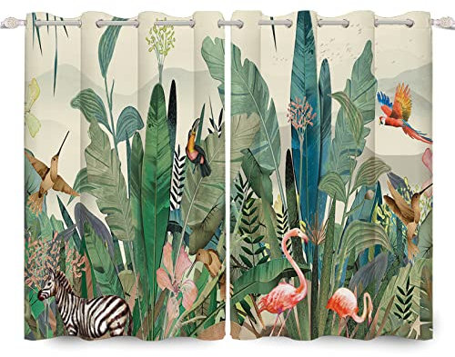 SDOTPMT Fenstervorhang Palme Blätter Blume Flamingo Tropische Vögel Tierwelt Sommerlandschaft Aquarell Fenster vorhänge für Schlafzimmer Lichtblockierung Vorhang 107x160cm, 2 Stücke