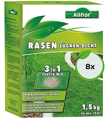Allflor Rasen-Lücken-Dicht I 8 x 1,5 Kg I 3-in-1 Fertig Mix I Mischung aus Rasensamen, Dünger und Keimsubstrat I Ideal zur Reparatur von Kahlstellen & Rasenlücken I Für einen grünen Rasen