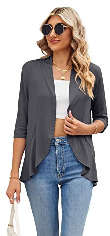 Famulily Cardigan estivo da donna con maniche a 3/4, leggero drappeggiato scialle sciolto camicetta casual cardigan con volant aperto sul davanti, Grigio scuro, L