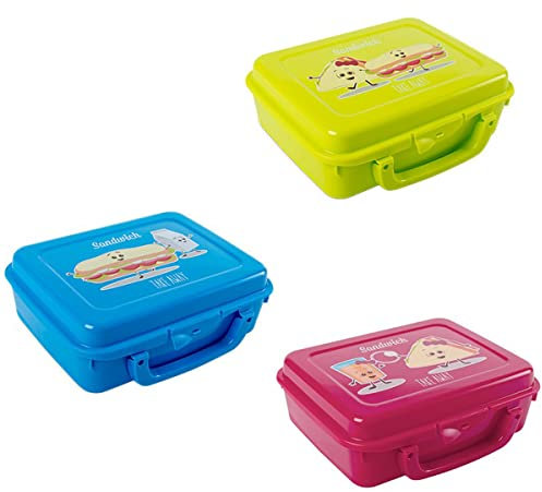 PACK 3 Fiambrera infantil para colegio e instituto: azul, rosa y verde. Sandwichera con agarre en forma de maleta con cierre de seguridad fácil de abrir para los más pequeños