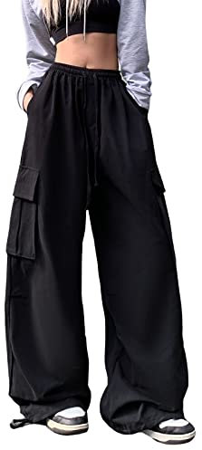 Hewlshawn Pantaloni cargo Baggy Y2K Vintage Gothic Pantaloni a vita alta dritti Boyfriend Aesthetic Harajuku Streetwear, Nero , XL