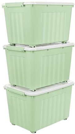 Cetomo 55L*3 Storage Boxes with Wheels, Plastic Storage Box with Lid, Latching Buckles, Click Closure, Stackable, Nesting, Durable Organizer for Home Office Clothes, Green, 55L-3 Pack