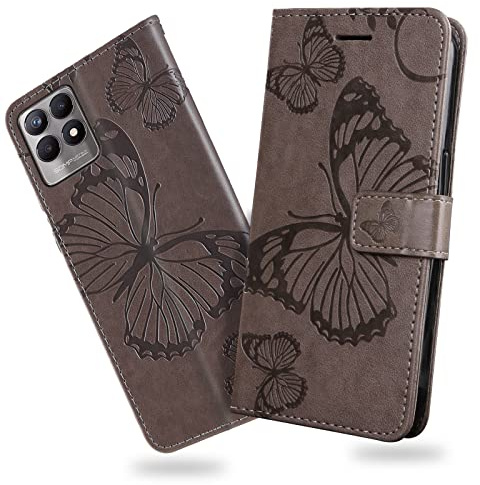 DENDICO Coque pour Oppo Realme 8i, Papillon Imprimé Housse en Cuir PU Magnétique Portefeuille, Étui à Rabat pour Oppo Realme 8i, Gris