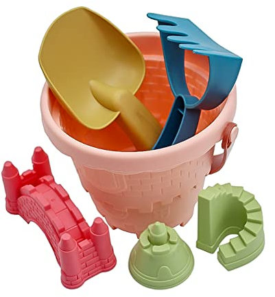 Jouet de Plage Enfant, Jouets de Plage en Forme de Château de Sable 6 Pièces Kit de Jouets de Sable avec Seau Plage, Pelle Jeux de Plage Cadeau pour Enfants Garcon Fille