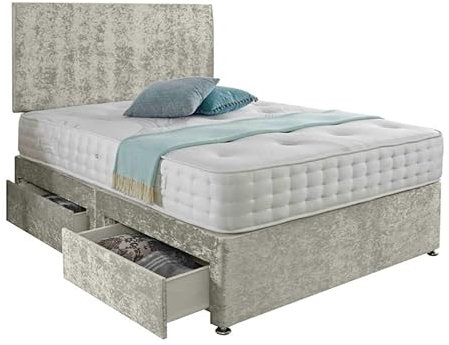 SANA SLEEP Classic Premium Fabric Divan Bed Set With Open Coil Memory Foam Mattress, 2 Drawers (Same Side) and Matching Headboard 3FT Single - Ivory Cruhsed Velvet