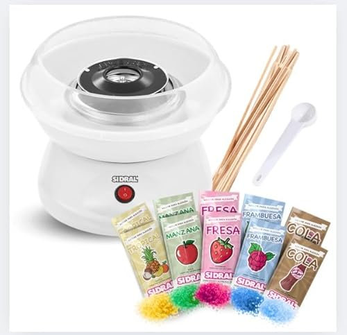 SIDRAL Machine à barbe à papa + 10 bâtonnets + 10 dosettes de sucre et cuillère doseuse à sucre, facile à utiliser pour adultes, machine à barbe à papa (BLANC)