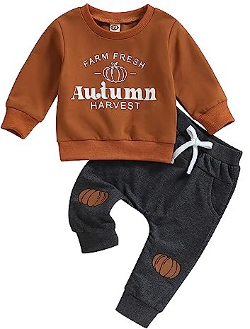 Toddler Boys Halloween Outfits - Unisex Pumpkin Print T-Shirt & Long Pants 2PCs Tracksuit (Earthy Yellow, 18-24 Months)