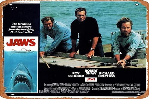 Zuhhgii Jaws 1975 Vintage Filmposter Blechschild, Retro von klassischen alten Filmplakaten, Metallschild, TV Bar, Wand, Club, Restaurant, Männerhöhle, Wanddekoration, 20,3 x 30,5 cm, Retro-Plaketten