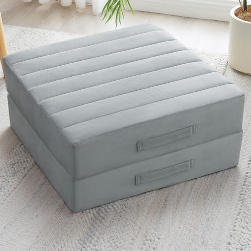 JKMAX 2 Pcs High Density Foam Floor Pillow - Upgraded Large Pillows Seating for Adults - Outdoor Floor Cushion with Soft Tufted Cover - Yoga Pillows for Sitting On Floor - 22 Inch Light Gray
