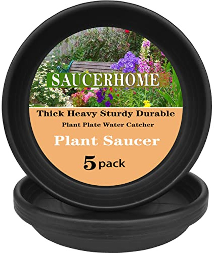 SAUCERHOME 5 Packungen Blumentopf-Untersetzer, 10,2 cm, Kunststoff, Blumentopf, Untersetzer und Tropfschalen für drinnen und draußen, schwere langlebige Untersetzer, Wasserfänger (10,2 cm, schwarz)