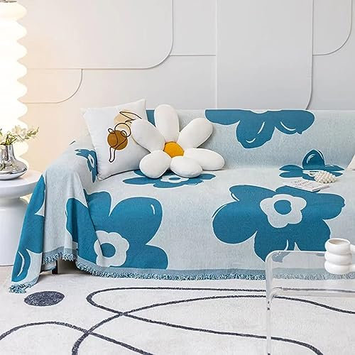 Homxi Sofahusse 2-Sitzer,180x200CM,Sofabezug Decke Blumen mit Quasten Sofahusse Chenille Sofa Handtuch Blau Sofahusse Überzug