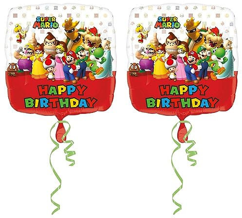 Amscan 3200901 - Standard Folienballon Mario Bros Happy Birthday, Druchmesser circa 43 cm, Heliumballon, Geburtstag, Dekoration (Packung mit 2)