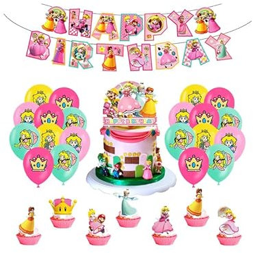 SMLHPARTY Prinzessin Geburtstag Luftballons & Deko Set: 16 Ballons, 1 Girlande, 13 Kuchen Topper in Rosa mit Cartoon & Buchstabenmuster
