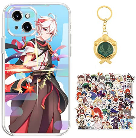 Staremeplz Genshin Impact Hülle für iPhone 15 Pro Anime Spiel Kazuha Handyhülle [Mit Schlüsselbund und 50pcs Aufkleber] Cartoons Transparent Silikon Case Hülle für iPhone 15 Pro