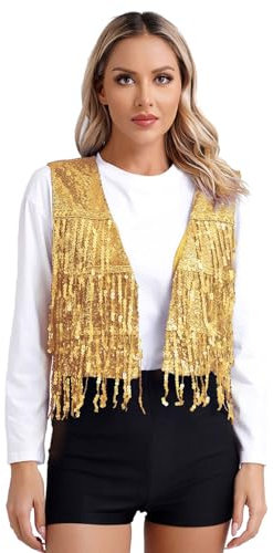 Agoky Damen Fransenweste Glänzend Pailletten Weste Open Front Gilet Modern Tanz Waistcoat Ärmellos Jacke Mantel Blazer Outerwear Gold XXL