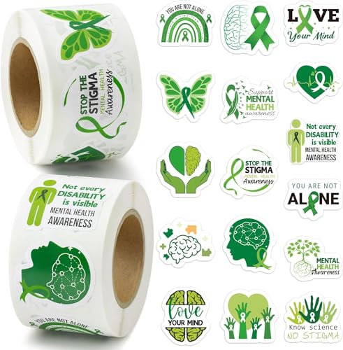 EGuangwiua 2P Mental Health Sticker 1000Stück Psychische Gesundheit Aufkleber Neuheit Grünes Band Wasserdichtes Vinyl Abziehbilder für Laptop Flasche Briefumschläge Geschenke für Kinder Teens