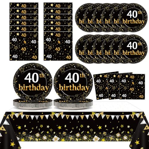 40th Birthday Party Supplies Serves 24 Black and Gold 40 Years Old Birthday Party Decorations Paper Plates Napkins Cheers to 40 Years Tablecloth Set Vintage 1984 Tableware Kit Favors for Men or Women
