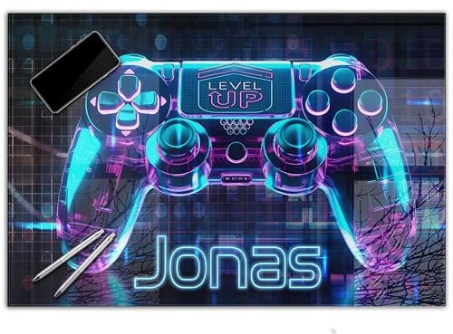 Gaming Schreibtischunterlage personalisiert mit Namen | 60 x 40 cm Neon Controller | wasserfeste Schreibunterlage, abwischbar, hochwertiges Acrylglas, Gamer Teenager Kunststoff