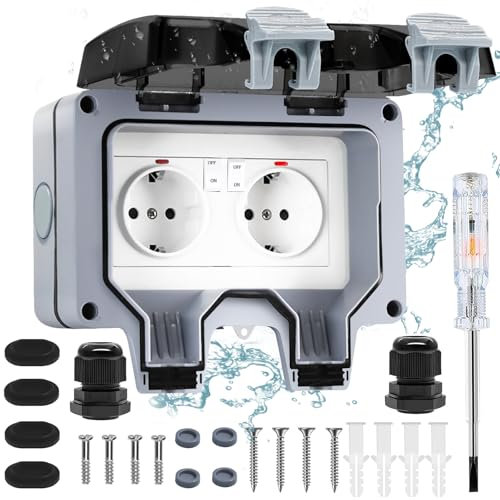 Lunriwis Presa da Esterno Impermeabile Presa Esterno Impermeabile IP66 con Interruttore Lampadina Indicatore,Prese Elettriche da Muro16A 2 gang per Bagno, Garage, Piscina e Giardino