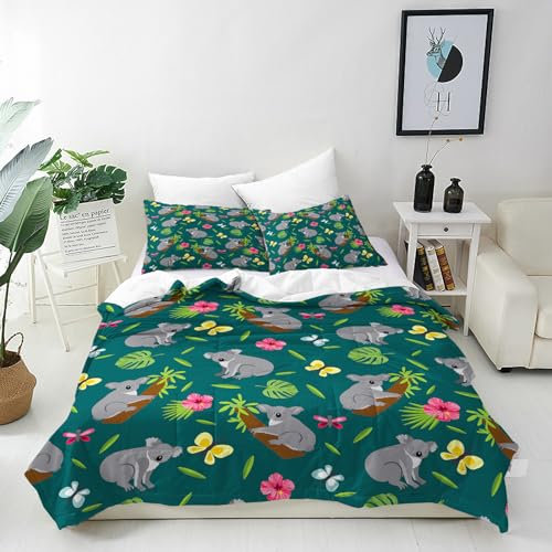ANHOPE Tier Koala Bär Blatt Blume Bettwäsche Set 3 Teilig Bettbezug 155x220 cm & 2 Kissenbezug 80x80 cm Microfaser Bettbezüge mit Reißverschluss Weich Bettdeckenbezug Set für Kinder Jungen Mädchen