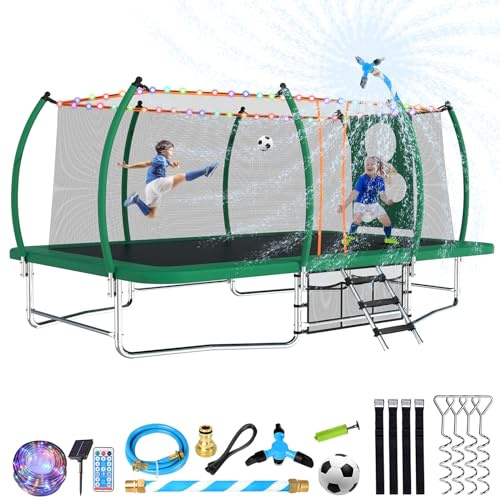 Lyromix 16FT Outdoor Rectangle Trampoline for Kids and Adults, Rectangular Trampoline with Curved Poles, Pumpkin Trampolin with Light, Sprinkler, Soccer and Storage Bag