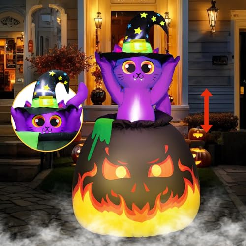 UniqSeason Aufblasbare Halloween-Katze, automatisches Auf- und Abspringen, animierte Hexenkätzchen im Feuerkessel, aufblasbar, integrierte 4 LEDs, für Halloween-Dekoration, Außen- und Innenbereich,