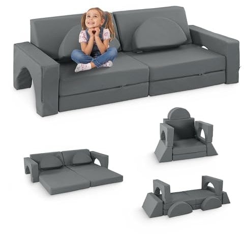 MKS Spielsofa Kindersofa aus Schaumstoff Bausteine - für Kinder & Kuschelecke im Kinderzimmer | Bestehend aus 10 Teilen für den Schlafbereich und das Spielzimmer (Grau)