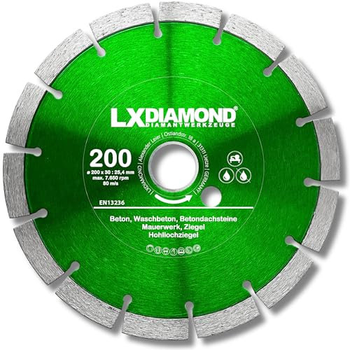 LXDIAMOND Diamant-Trennscheibe 200mm x 25,4mm - für Schneidetische, Brückensägen - Diamantscheibe zum Trennen von Stein, Beton, Ziegel, Mauerwerk - 200 mm Steinscheibe in Profi Qualität