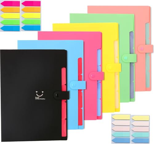 Lot de 6 porte-documents A4 - Organiseur de fichiers avec étiquettes - 5 compartiments - Extensible - Portable - Pour la maison ou le bureau - 6 couleurs