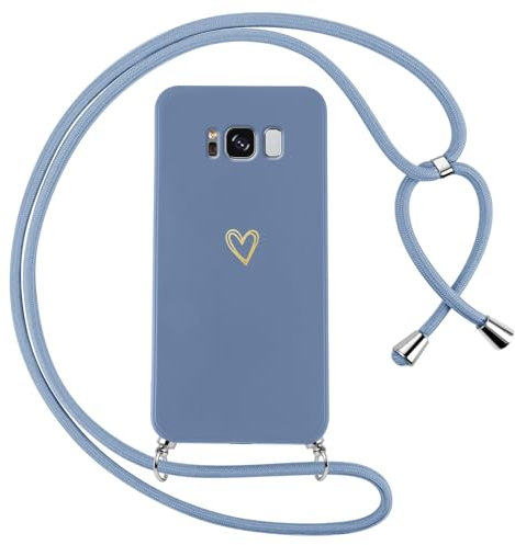 Oelrstfe Handyband für Samsung Galaxy S8 Hülle mit Band Herz Motiv Handyhülle für zum Umhängen Silikon Stoßfest Ultra Dünn Weich Schutzhülle mit Kordel Necklace Kette Love Muster Case,Blau
