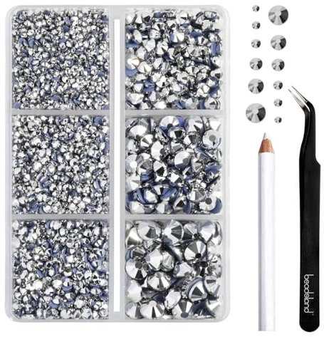BEADSLAND Pedrería hotfix,4000 PCS strass plateadas termoadhesivas diamantes cristales para manualidades,Kit mixto de 6 tamaños con lápiz de cera y pinzas,SS6-SS30,Hematites de Plata Rhinestones
